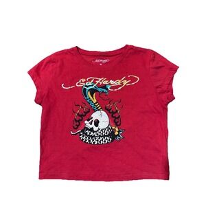 Ed Hardy Red Graphic Baby Tee Crop Skull Snake Flames Y2K Women's Size Medium